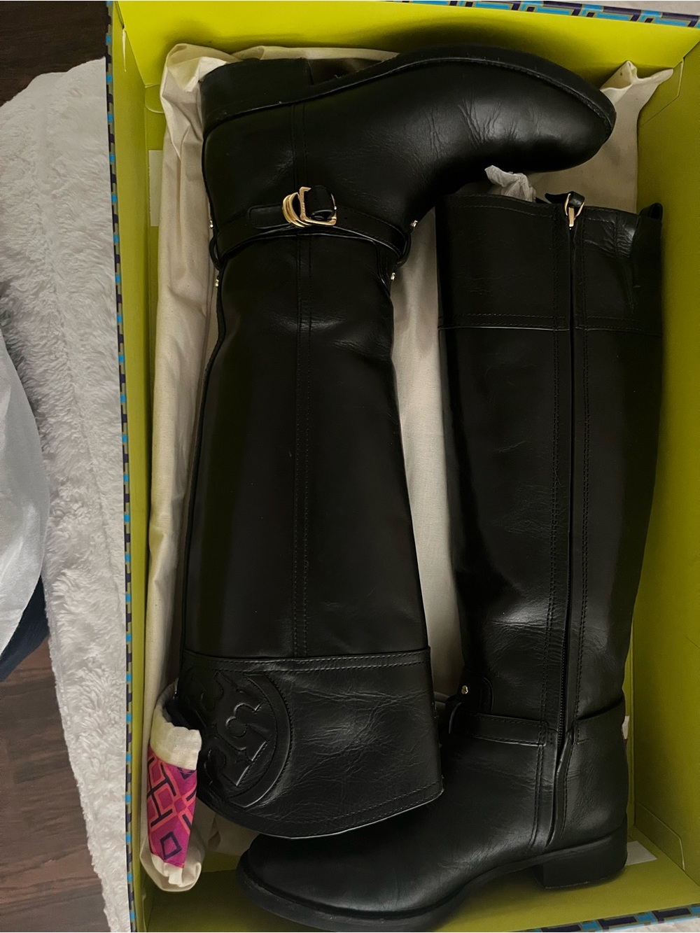 Tory Burch Black Leather Over-the-Knee Riding Boots with Gold Buckle